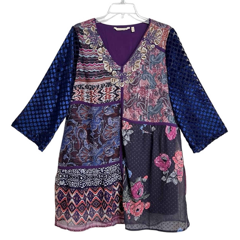 Soft Surroundings All Together Patchwork Boho Tunic Top M Embroidered Beaded